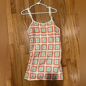 Zara granny square crochet, mini dress. turquoise, orange white